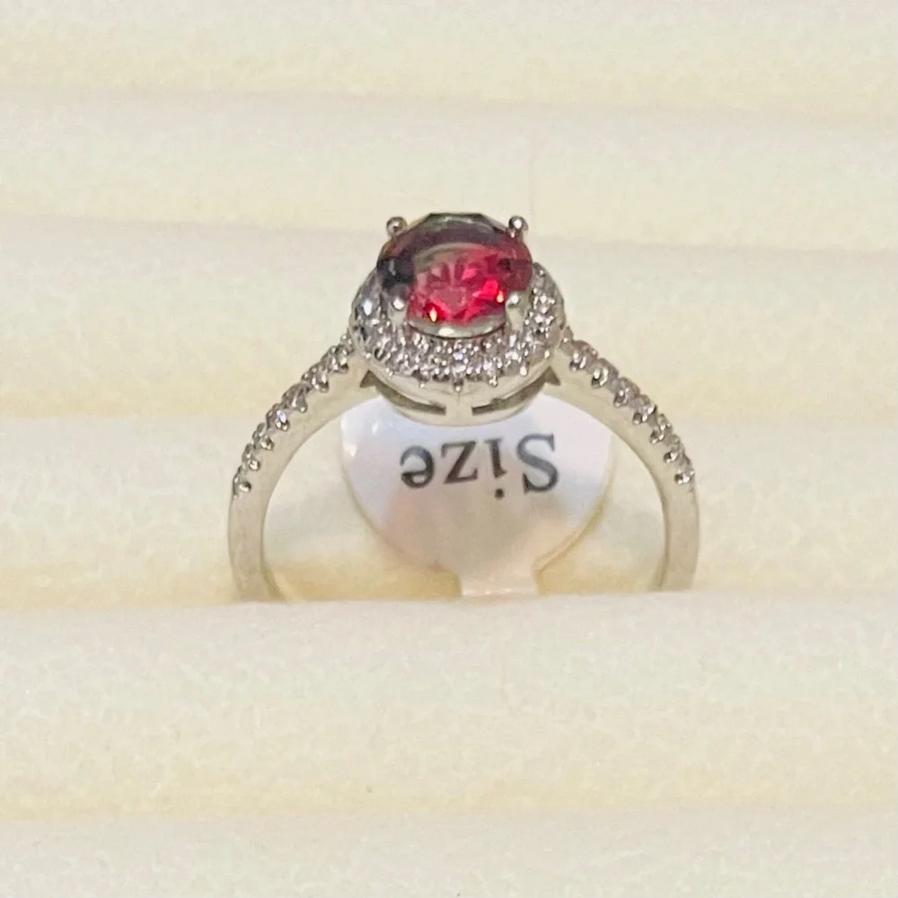 Watermelon Topaz and CZ Halo Ring 18K White Gold Filled Size 10